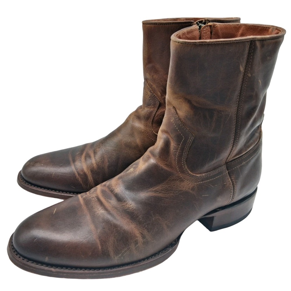 Moon Shine Distressed Leather Western Boots Mens 9.5 Brown Zip Mexico Casual